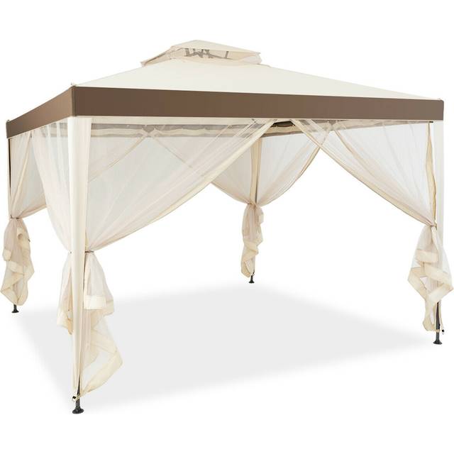10 x 10ft Double Tiered Canopy Gazebo Garden Shelter Tent-Beige