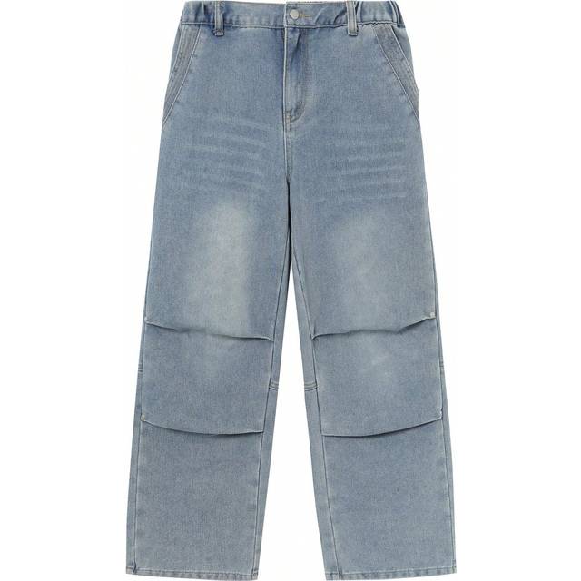 SHEIN Cool Street Style Light Wash Flat-Front Jeans For Teen Boys, With Ruched Design, Flat Pocket, Elastic Waistband And Loose Straight-Leg Cut