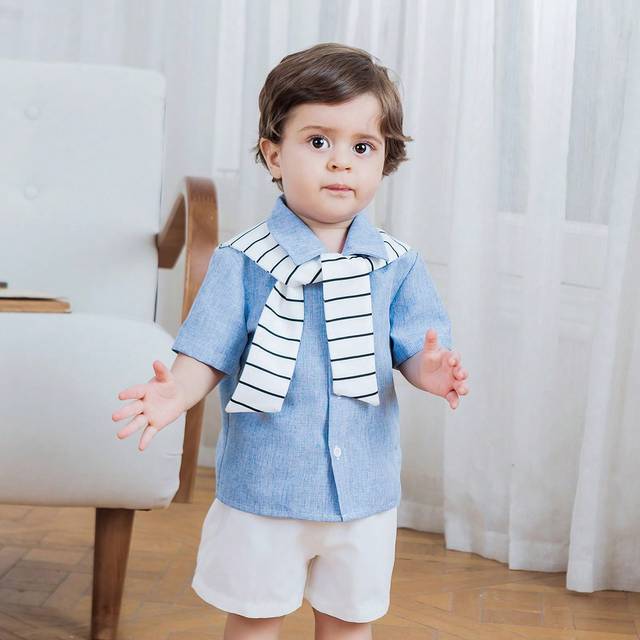 SHEIN Father&#39;s Day Family Matching Outfits For Baby Boys And Girls, 3pcs/Set Casual Summer Short Sleeve Printed Shirts, Shorts, And Shawls, Suitable For Bir