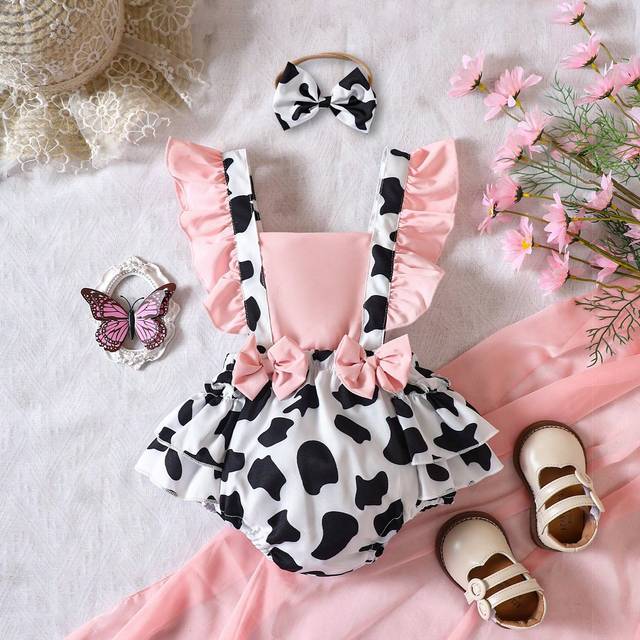 SHEIN Baby Girl Cow Print Ruffle Trim Bow Front Overall Bodysuit