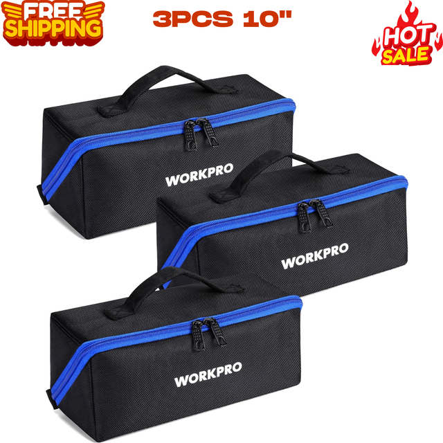 "WORKPRO Tool Bag with Zipper  10"""""""" Utility Wide Mouth Heavy Duty Tool Storage Bag  Multipurpose Zipper Tool Pouch Tote Bag for Organizer 3-pack"