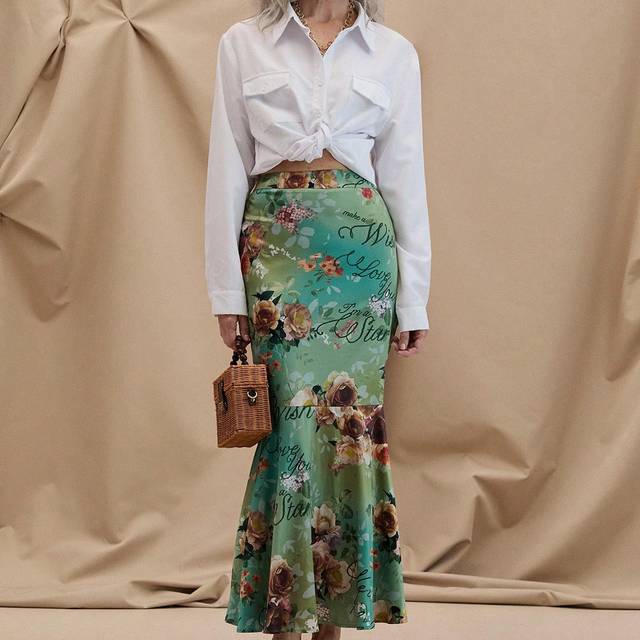 Miaspire Women&#39;s Elegant Vacation Style Flower & Letter Printed Ombre Fish-Tail Long Skirt, Summer Vacation