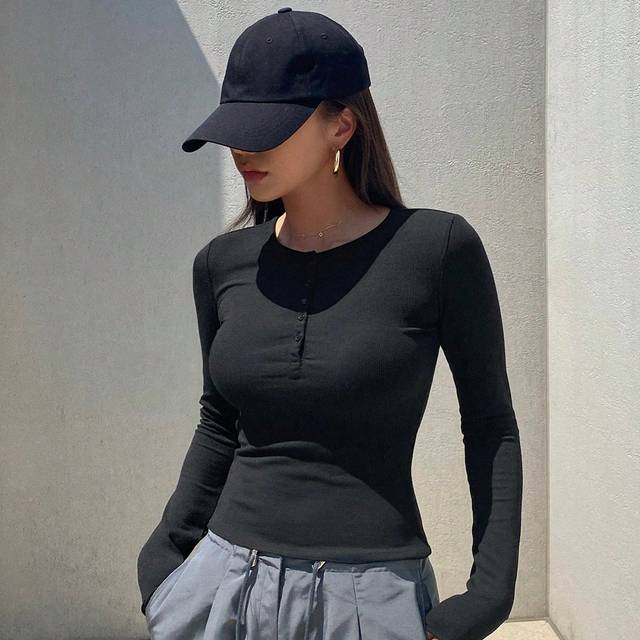 DAZY Women&#39;s Solid Color Buttoned Half Placket Casual Long Sleeve T-Shirt, Spring/Summer,Fall Women Clothes