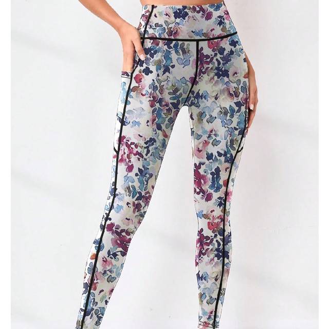SHEIN Women High Waist Floral Print, Side Pocket Fitted Running Leggings, Yoga Sports Tights