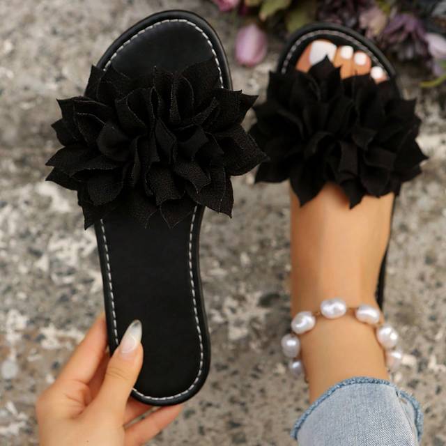 SHEIN French Elegant & Gentle Flat Sandals For Women, Open Toe Floral Strap Slides, Suitable For Date, Everyday Wear, Casual, Home, Beach & Recreational Act
