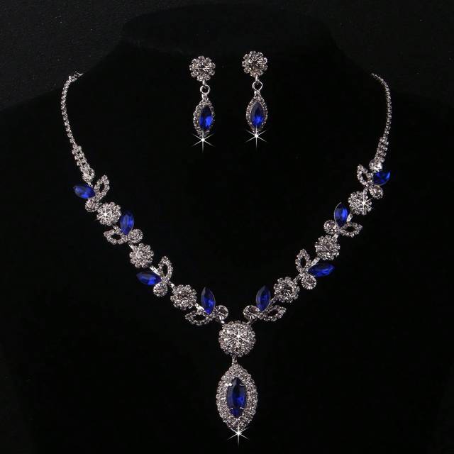SHEIN Necklace & Earrings Set, Deluxe Blue Rhinestone Inlaid Claw Chain Jewelry Set For Bride, Women&#39;s Wedding Dress Accessories, Stage Performance Ornament