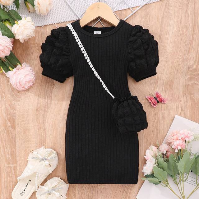 SHEIN Young Girl Short-Sleeved Casual A-Line Dress With Bubble Texture And Solid Color Pique Fabric [Includes Bag]