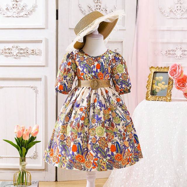 SHEIN Baby Girl Colorful Floral Bohemian Style Half Sleeve Dress With Belt, Elegant And Cute