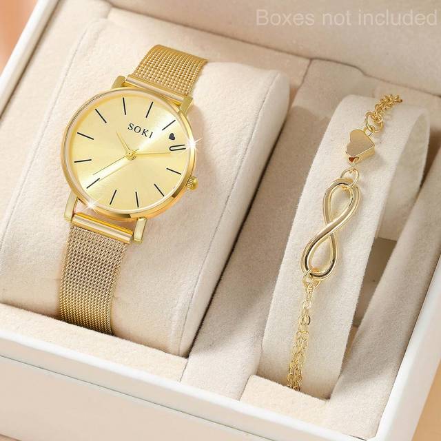 SOKI SOKI 2Pcs Ladies Watch Women Stainless Steel Strap Fashionable Rhinestone Decor Round Dial Quartz Watch & Heart Decor Chain Bracelet Suitable For Daily Wea