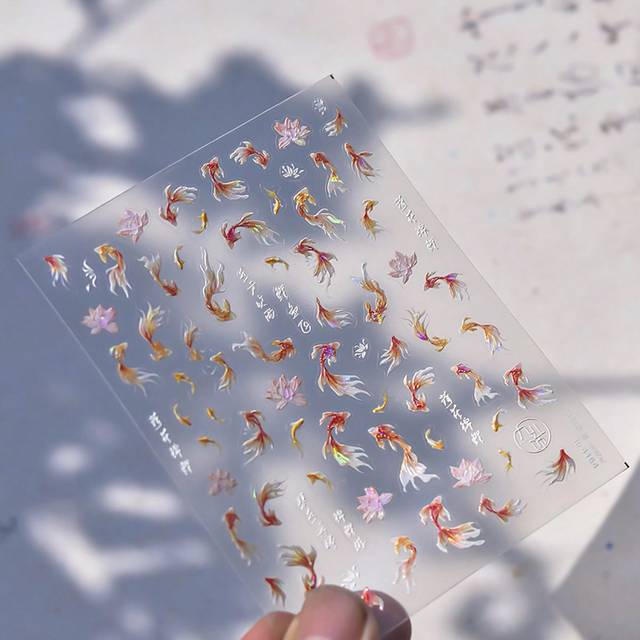 SHEIN 5D Rich Koi Nail Art Stickers Shell Light Lotus Fish Design Japanese Nail Decals Self-Adhesive Flowers Stickers Nail Art Decorations