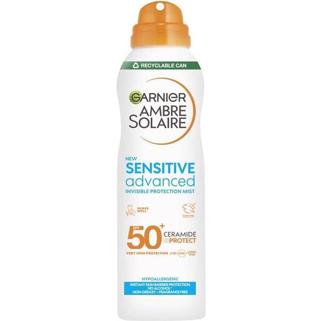Garnier Ambre Solaire SPF 50+ Sensitive Advanced Dry Mist Sun Cream Spray, Water Resistant & Non Greasy Sunscreen, Fragrance Free, UVA, UVB Protection