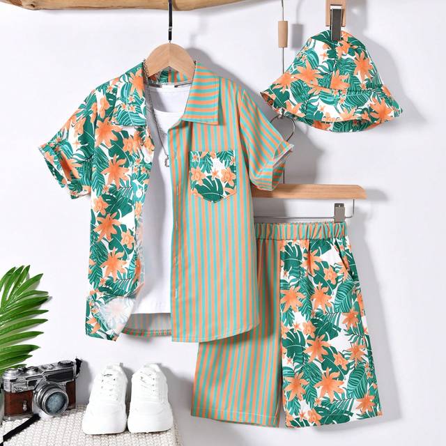 Vihyde 3pcs/Set Tween Boy Holiday Hawaiian Printed Patchwork Short Sleeve Shirt & Shorts & Bucket Hat Outfit