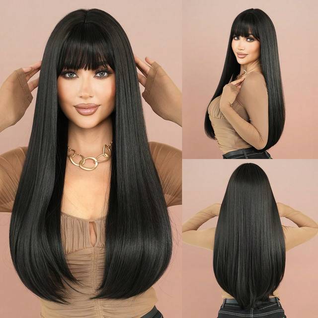 7JHH WIGS 28 Inch Natural Black Long Straight Wigs For Women - Elegant Fluffy Wig With Bangs, Natural Looking, Very Silky Synthetic Heat Resistant Fiber Full Ma