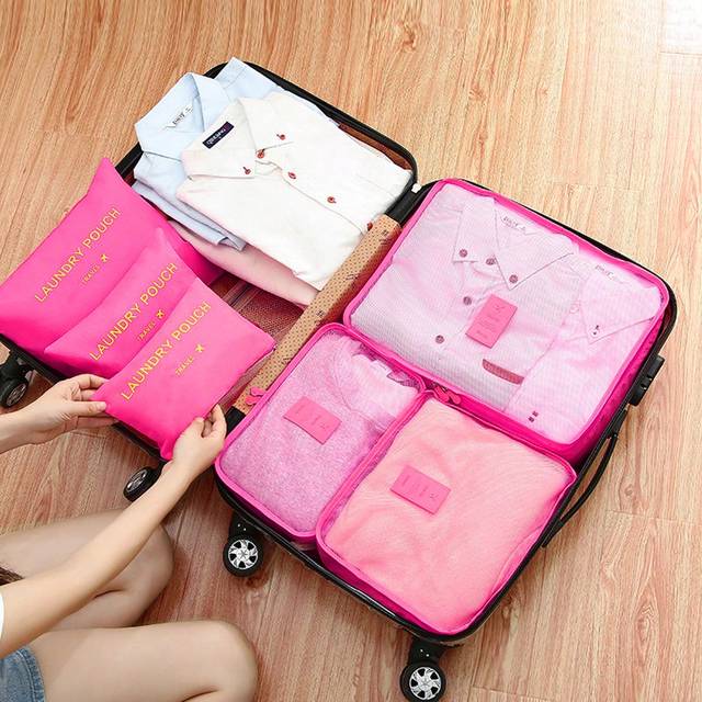 SHEIN 6pcs/Set Waterproof Floral Print Travel Storage Organizer, Portable Zipper Luggage Packing Cubes, Oxford Cloth Simple Style (All Prints And Letters Ra