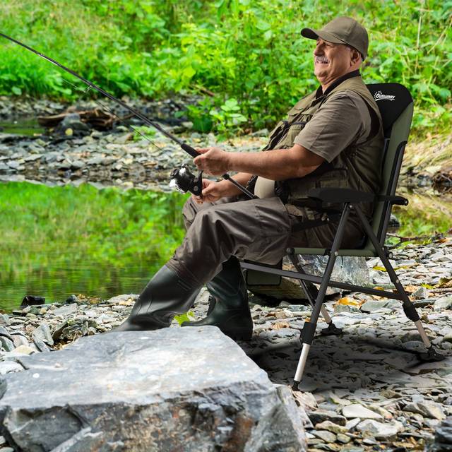SHEIN Outsunny Portable Fishing Chair, Lightweight Camping Chair With Reclining Backrest, Adjustable Legs And Mud Feet, 180kg Heavy Duty Folding Chair, Dark