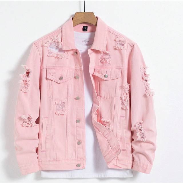 Manfinity Men Ripped Frayed Flap Pocket Denim Jacket Without Tee, Plain Light Pink Party Punk Rock Denim Jacket For Boyfriend Gift