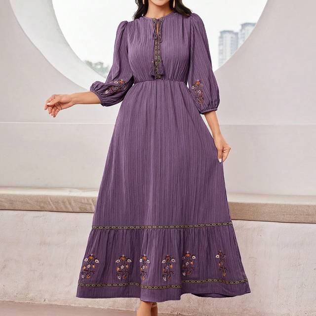 Mulvari Women&#39;s Elegant Floral Embroidered Lantern Sleeve Waist Cinched Waist Dress, Summer