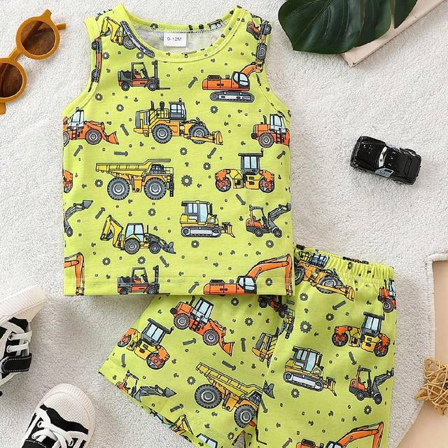 SHEIN Casual 2-Piece Set With Cartoon Car Print Vest & Shorts For Baby Boy