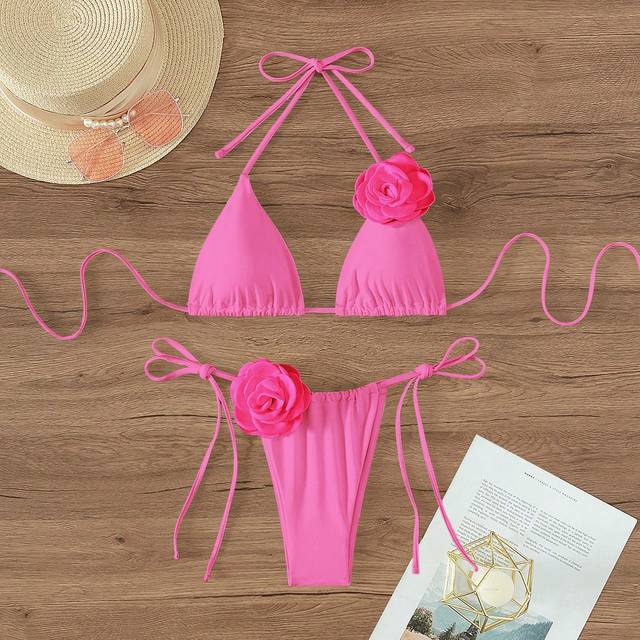 Swim Chiccia Summer Beach Appliques Halter Triangle Tie Side Bikini Set