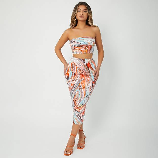 SHEIN Summer;Marble Print Crop Tube Top & Pencil Skirt