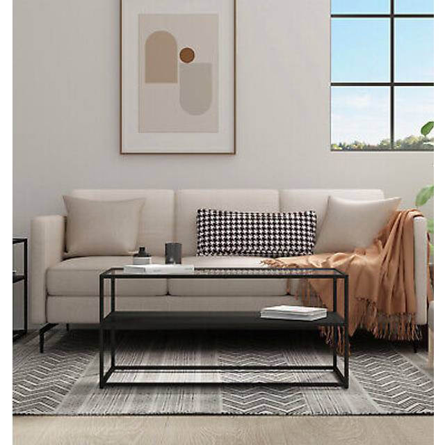 Bewdley Metal Coffee Table with Glass Top, Large Rectangular Coffee Table, Black Metal Coffee Table with Shelf, Modern Coffee Table for Living Room
