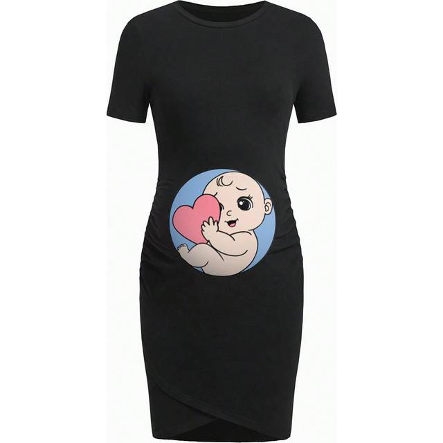 Modmama Casual Minimalist Heart Print Maternity Dress, Slim Fit For Summer, Round Neck Short Sleeve