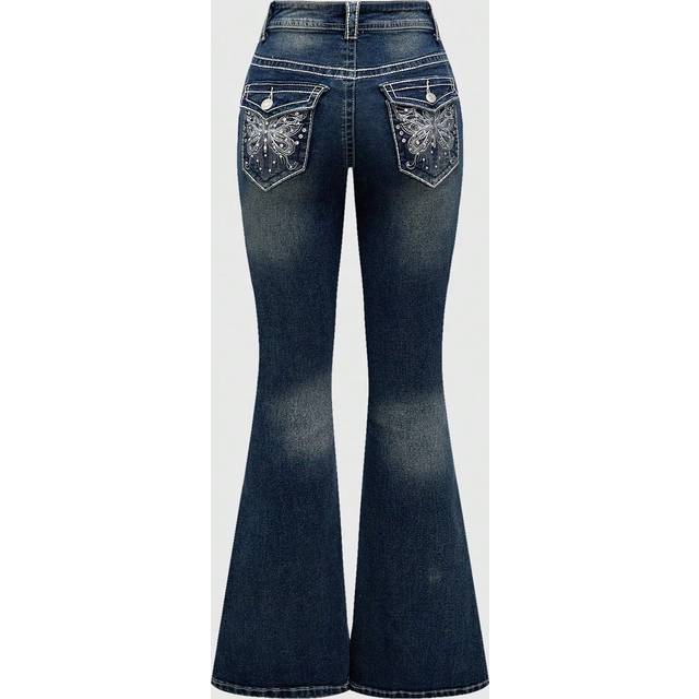 ROMWE Y2K Low Waist Vintage Rhinestone Butterfly Embroidered Denim Jeans, School