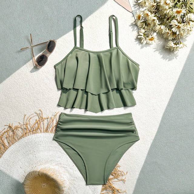 SHEIN Solid Color Ruffled Tankini For Beach Vacation,Summer Beach