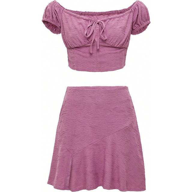 Flirla Off Shoulder Tie Front Crop Top & Ruffle Hem Skirt