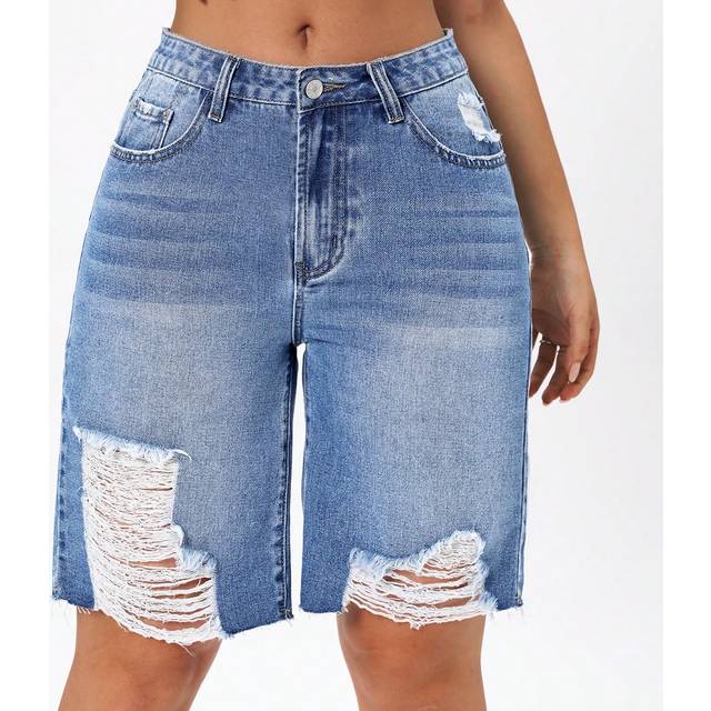 SHEIN Women&#39;s Pocket Distressed Bermuda Denim Shorts