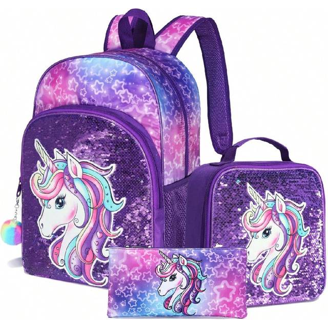 SHEIN 3PCS Girls Mermaid Unicorn Backpack Kid 16-Inch Lightweight Cute Sequin School Bookbag With Lunch Box And Pencil Case For Primary Elementary High Scho