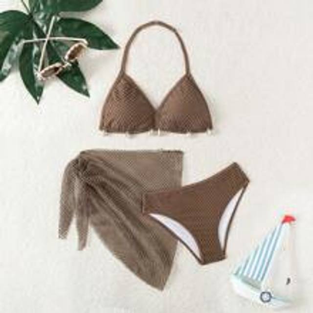 Teen Girl Söt 3st Bikini Set Bikini Set Baddräkt för sommarstrand - Brun (14Y,13Y,16Y,15Y)