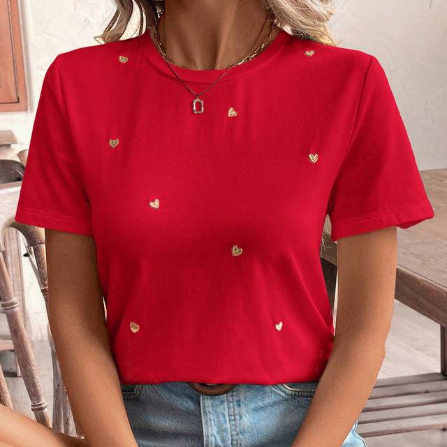 SHEIN Women Thread Embroidery Heart Print Casual Daily Wear Short Sleeve T-Shirt,Summer T-Shirt Women T Shirts  Tea Party Attire Embroidered Top  T-Shirt Su