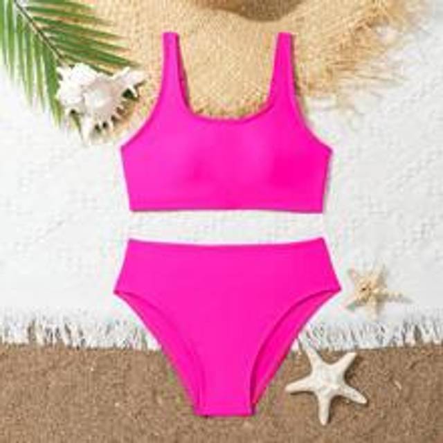 Tween flicka enfärgad väst och triangeltrosor Casual Bikini Separerar badkläder Set - Skrikrosa (130,140,150,160)