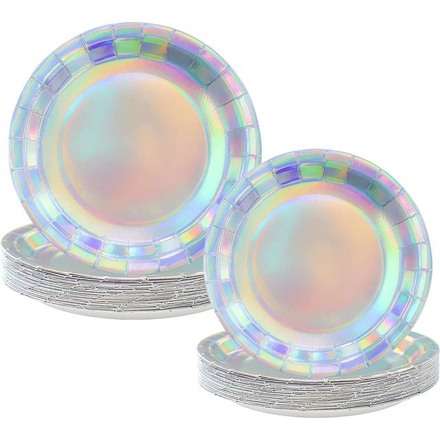 SHEIN 10/20pcs,Holographic Paper Plates Iridescent Foil Disposable Plates 7&#34; And 9&#34; Holographic Party Dinner Plates Round Lunch Dessert Paper Plate For Birt