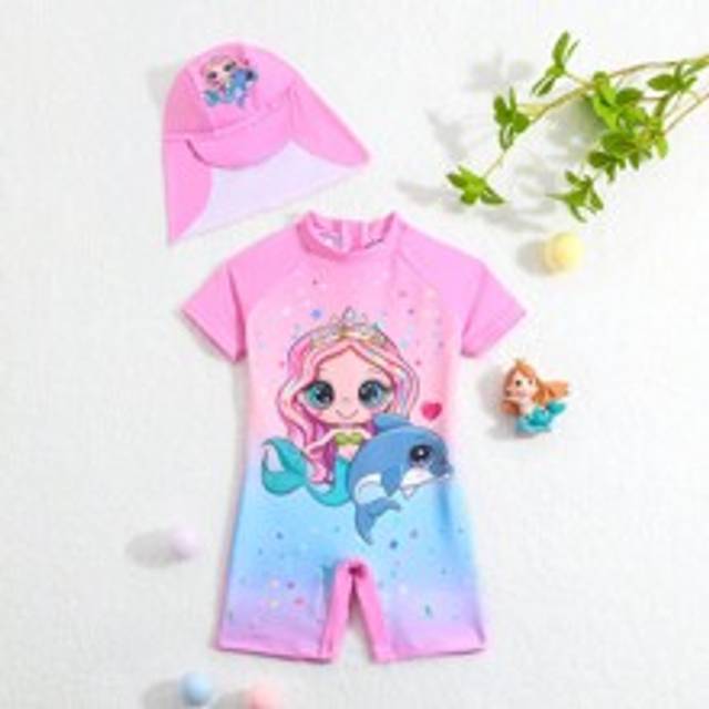 Baby Girl Mermaid tryckt Raglan Kortärmad Endelad Baddräkt Med Keps - Multifärgad (9-12M,12-18M,18-24M,2-3Y)