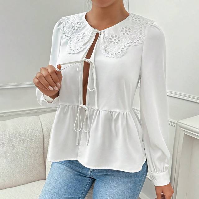 Chiquease Women&#39;s Solid Color Front Tie Long Sleeve Hollow Embroidered Puff Collar Blouse Women Shirt