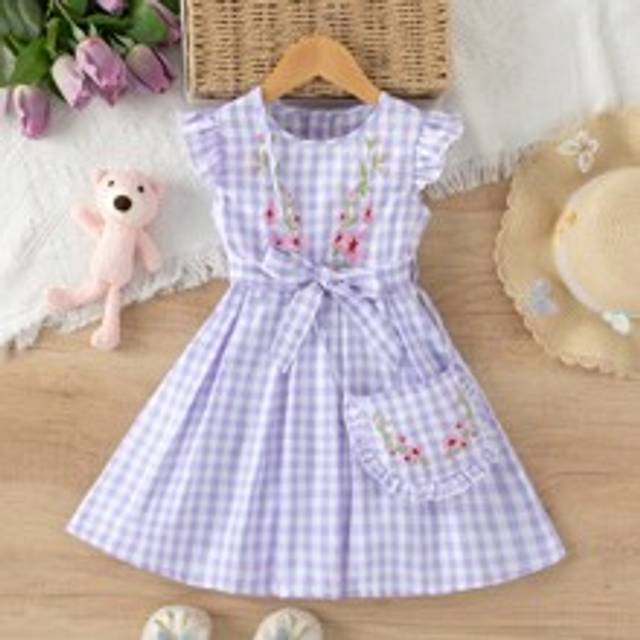 Ung flicka lila klänning med Gingham-tryck med blommig broderad detalj, perfekt för semester på landsbygden - Inkluderar en väska - Mauve Lila (6Y,7Y,4Y,5Y)