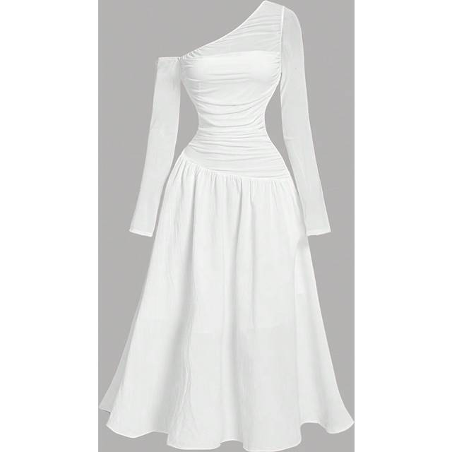 SHEIN White Asymmetrical Pleated Long Sleeve Dress, Gorgeous And Romantic, Women,Brunch Women Outfit,Sun Dress,Tea Party Dress,White Graduation Dress