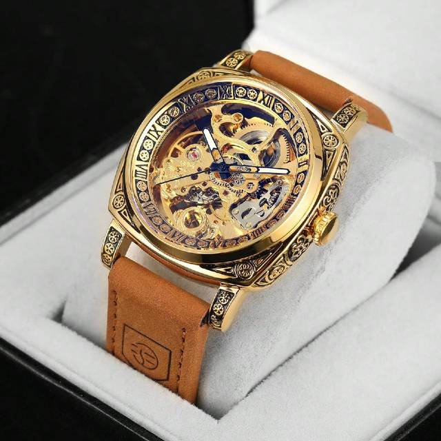 FORSINING 1pc Luxury Vintage Gold Square Skeleton Automatic Mechanical Watch For Men Exquisite Engraved Case Luminous Hands Brown Leather Strap Business Casual