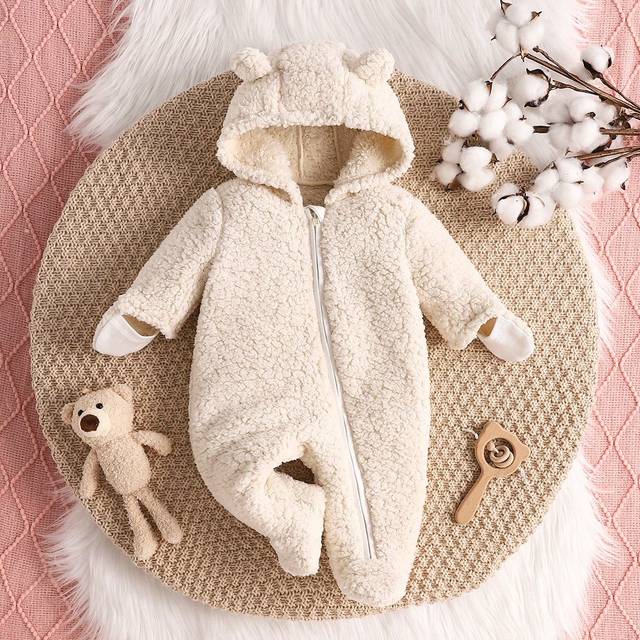SHEIN Newborn Baby Boy Plush Long Sleeve Hooded Jumpsuit With Ear Decor And Mittens, Warm And Adorable, Fit For Autumn/Winter