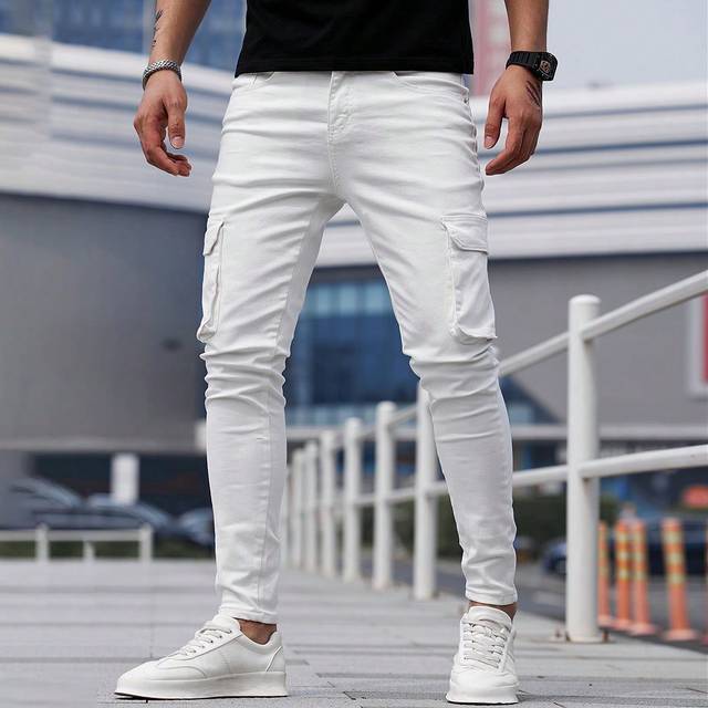 Manfinity Men Cotton Flap Pocket Side Skinny Jeans Baggy Long Washed Cargo Jean Plain All White Going Out Rock And Roll Friends