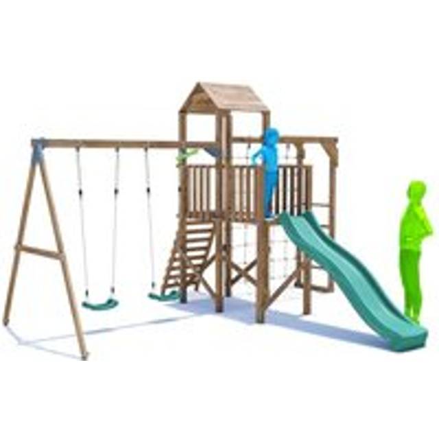 BalconyFort Climbing Frame with Double Swing, High Platform, Monkey Bars, Cargo Net & Slide