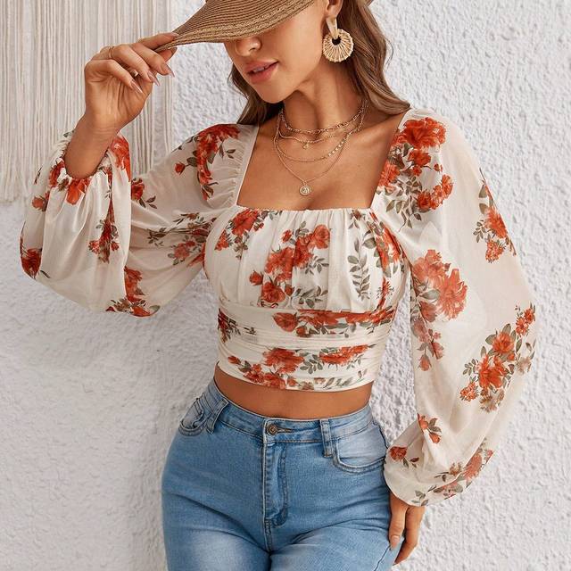 KARISMINA Floral Print Square Neck Lantern Sleeve Crop Blouse,Long Sleeve Tops,For Summer Vacation,Women Summer Clothing
