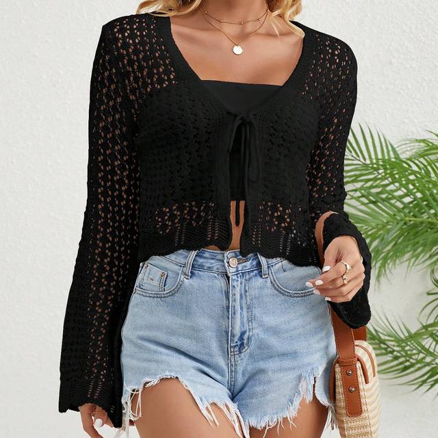 SHEIN Ladies&#39; Front Tie Scallop Edge Bell Sleeve Cardigan