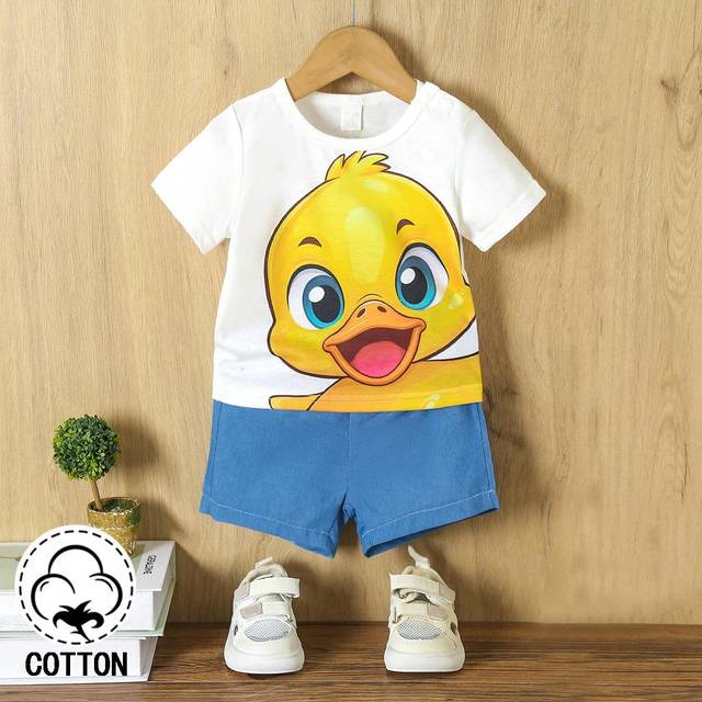 SHEIN Baby Boy 2pcs Spring/Summer Outfits Cute Duck Printed Short Sleeve T-Shirt And Shorts Set For Daily Casual Wear