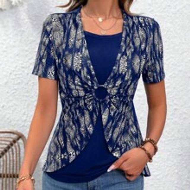 Sommar Casual Random Animal Pattern Kortärmad T-shirt med Patchwork Design Grafiska T-shirts Dam Toppar - Kungsblått (L,M,S,XL)