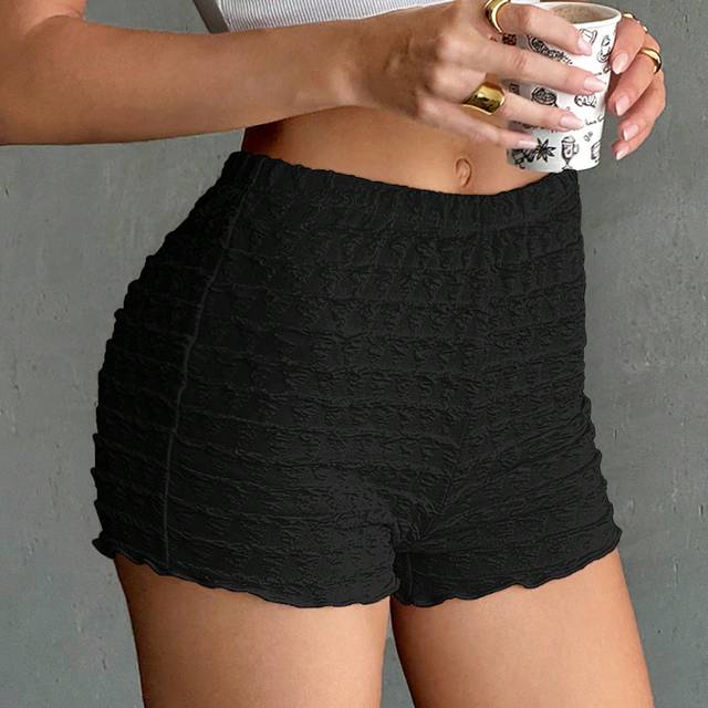SHEIN Black Knitted Bubble Satin Bodycon Super Shorts For Women