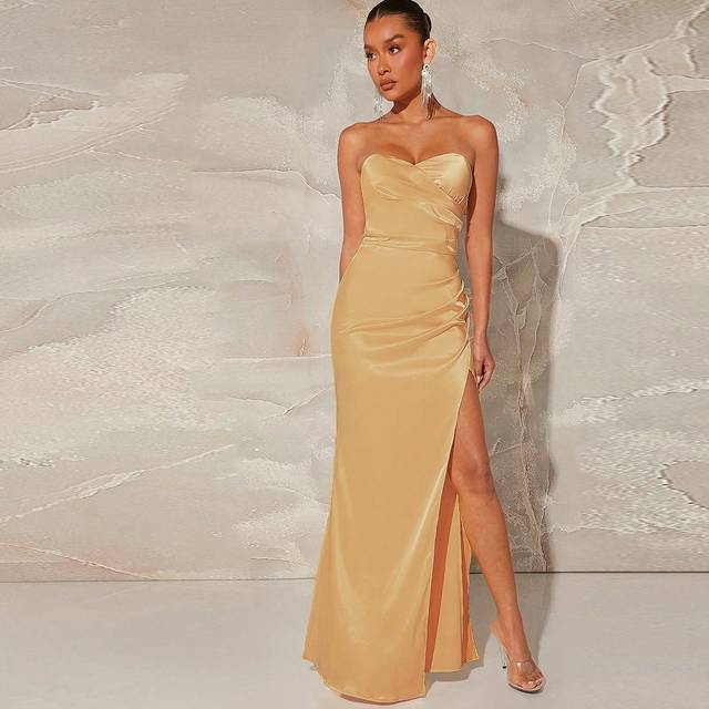 L&#39;Amorae Women&#39;s Ruched Tube Dress For Elegant Parties With High Split, Summer