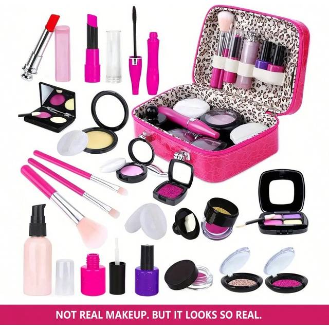 SHEIN 1set Kids&#39; Simulation Makeup Toy Set With Cosmetic Case, Handbag, Pretend Lipstick And Nail Polish, Birthday Gift For Girls